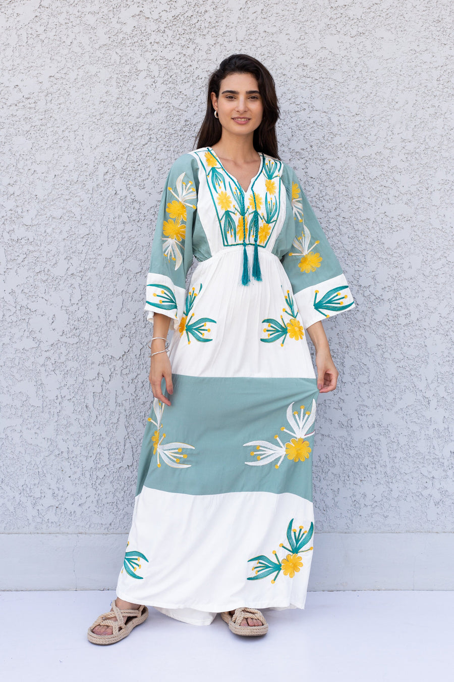 Colorful embroidered white/mint caftan, Cotton caftan dress, African women clothing, Boho maxi dress, Cotton caftan, Boho summer caftan