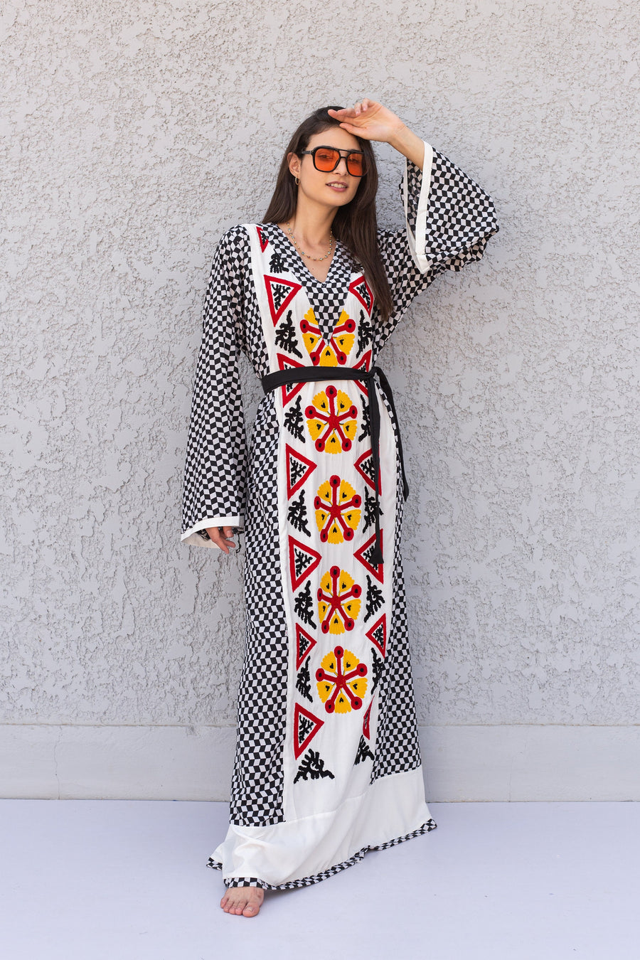 Beautiful Checkered white embroidered Caftan, cotton caftans for women, Kaftans, embroidered Caftan, Caftan maxi dress, Caftans for women