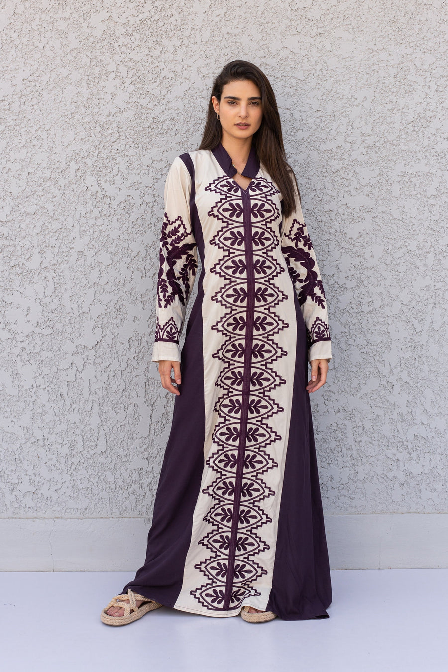 Elegant purple/off white cotton embroidered Caftan maxi dress, cotton caftans for women, Kaftans, embroidered Caftan, Caftan maxi, Caftans