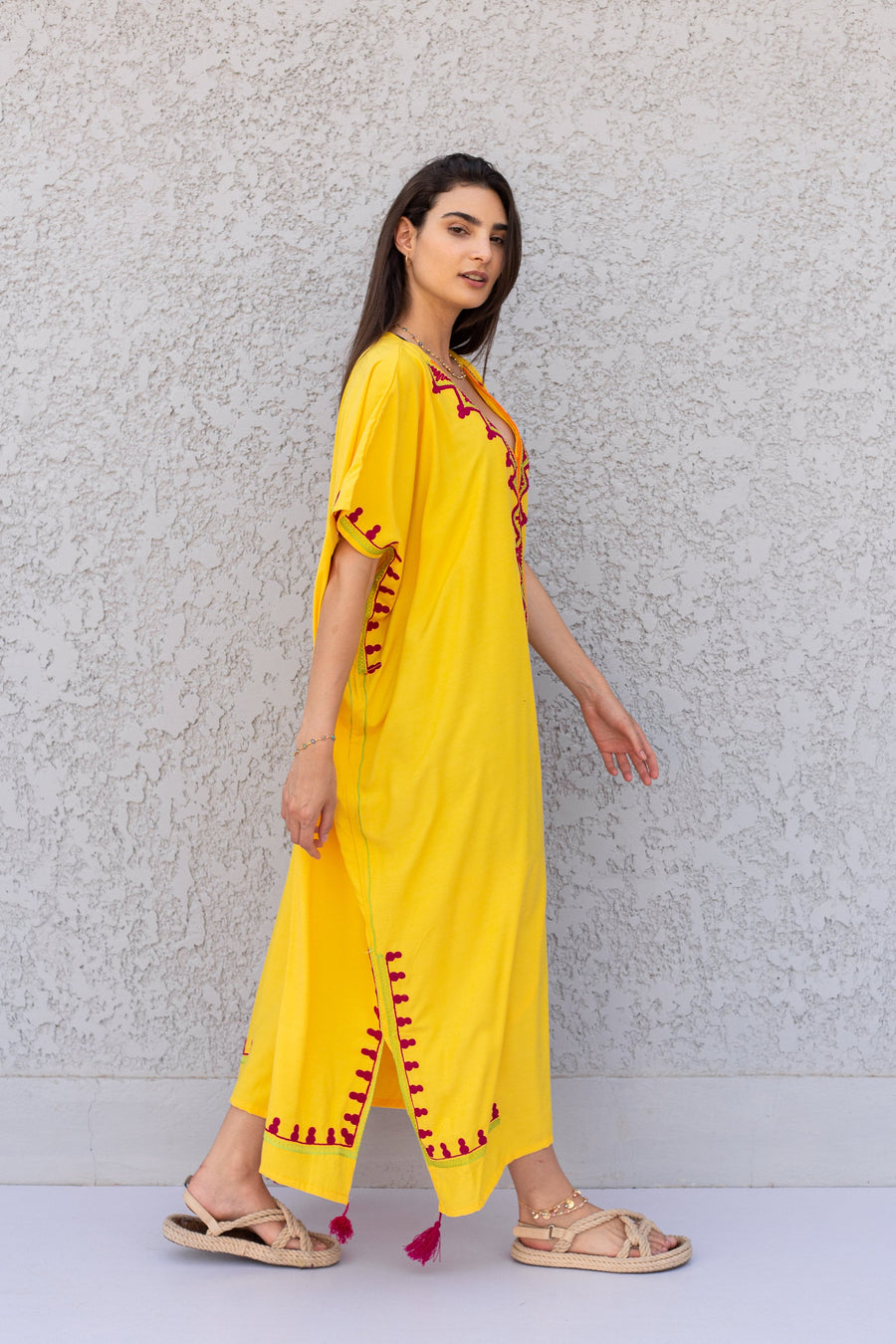 Plus size yellow cotton embroidered caftan, Cotton caftan, Plus size Kaftan, Free size Bohemian Caftan, Cotton Kaftan, Exotic Kaftan