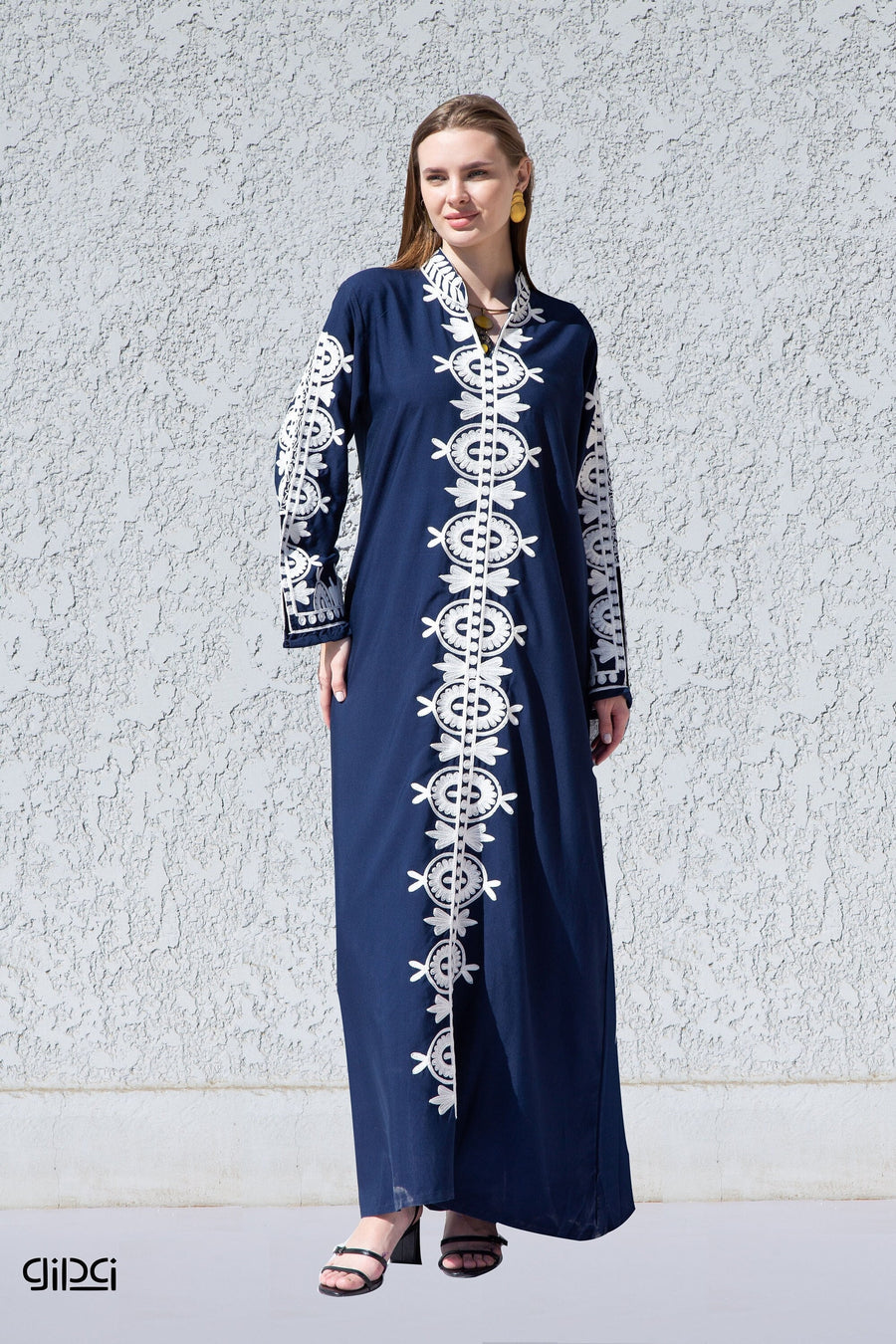 Elegant navy blue embroidered kaftan dress, Cotton caftan dress, Long sleeve caftan, Chic embroidered caftan, High quality Egyptian cotton