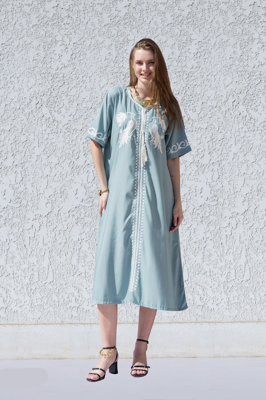 Midi light turquoise embroidered kaftan dress, Cotton caftan dress, Long sleeve caftan, Chic embroidered caftan, Egyptian cotton caftan