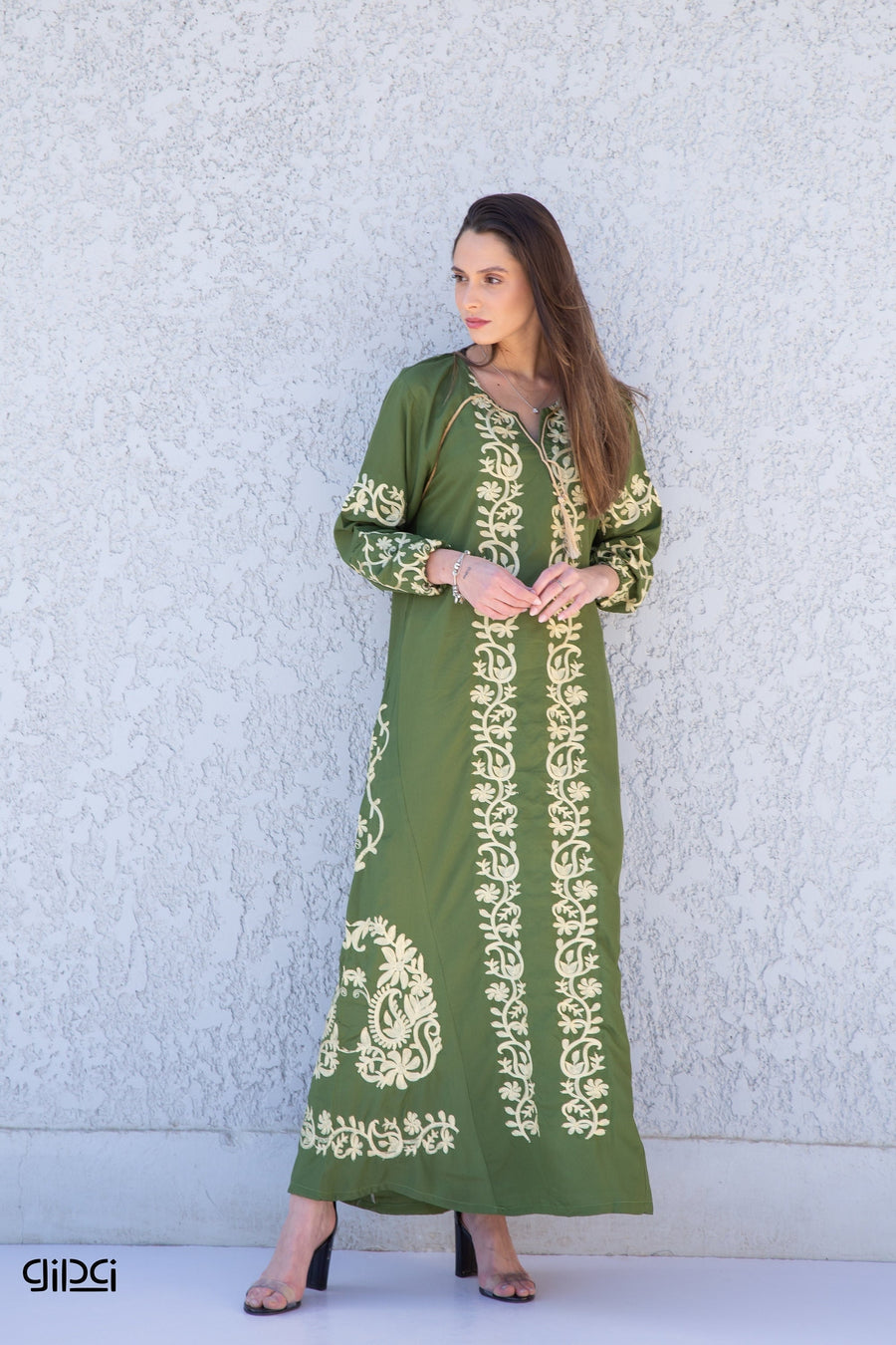 Boho Green embroidered cotton Caftan, summer caftan, embroidered Caftan dress, Caftan maxi dress, Caftans for women