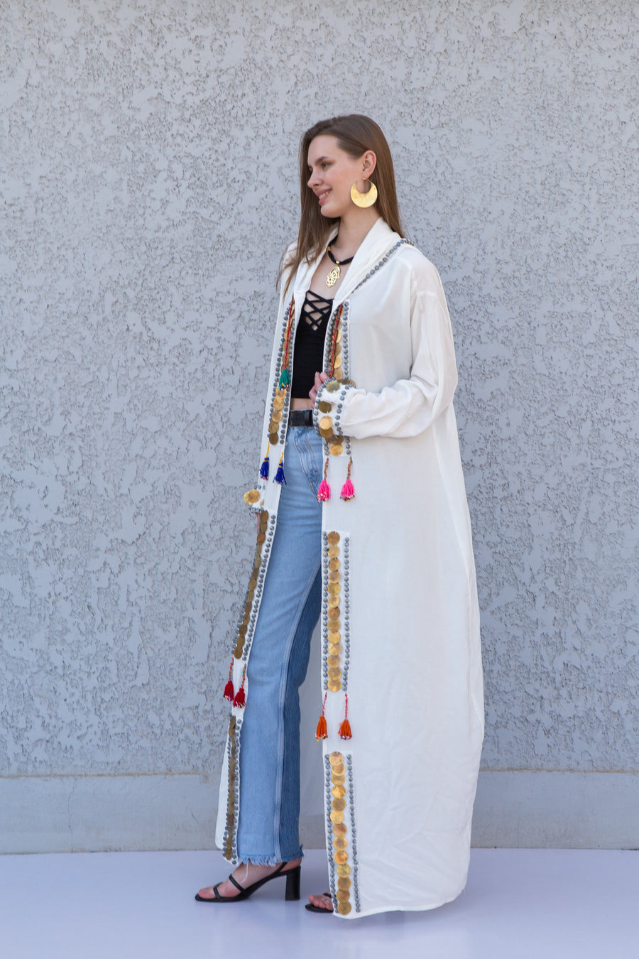 White accessorized cotton Kimono/coat, Cotton coat with hand stitched beads, coins, Boho summer coat, cardigans for women, Summer Kimono