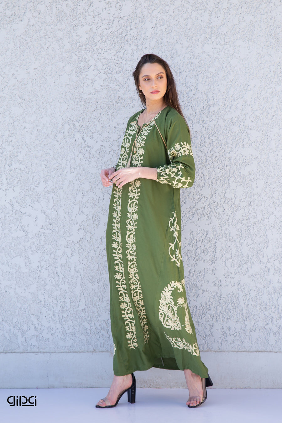 Boho Green embroidered cotton Caftan, summer caftan, embroidered Caftan dress, Caftan maxi dress, Caftans for women