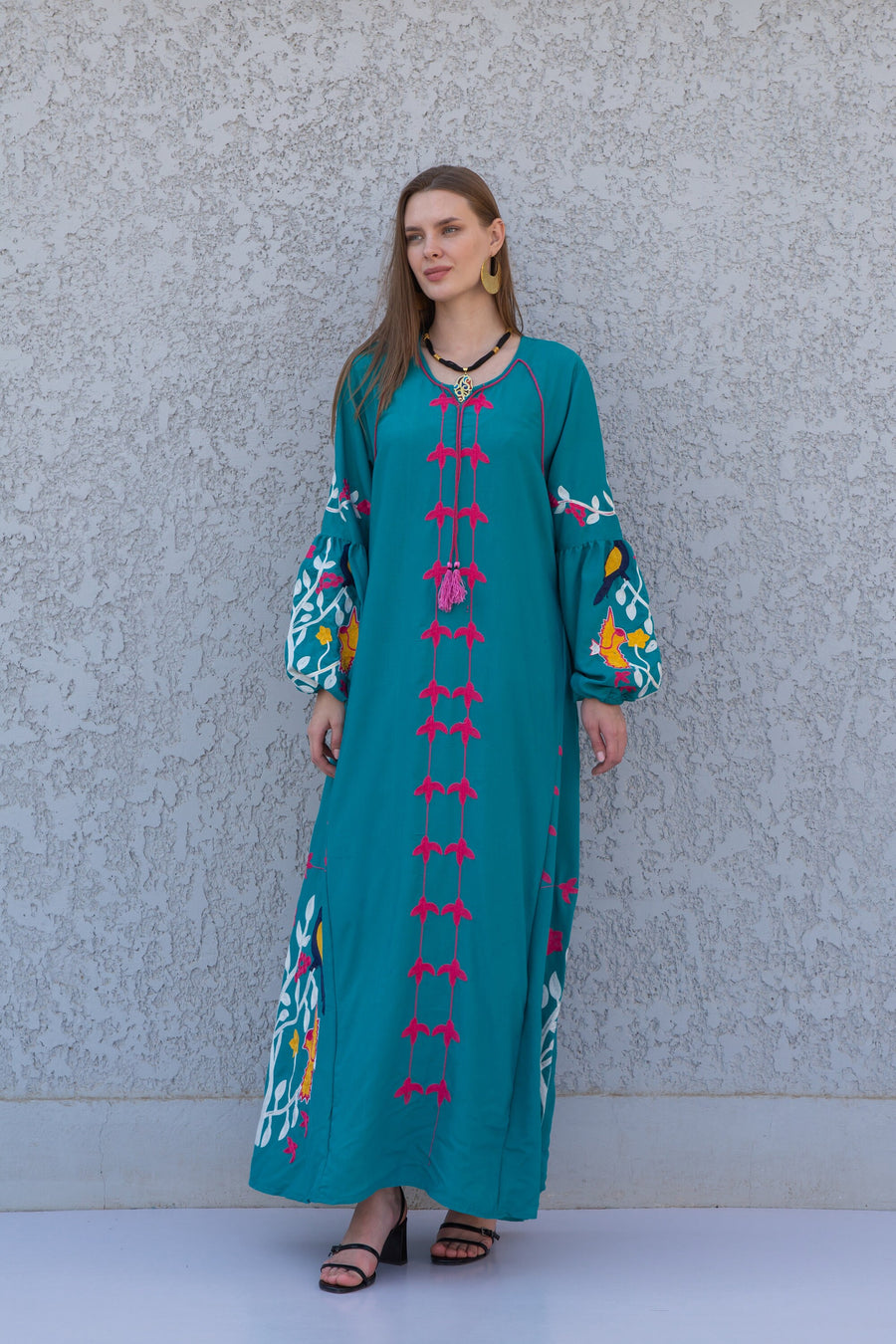 Teal Green Egyptian cotton Kaftan, caftan Kaftan maxi dress, embroidered Caftan dress, Caftan maxi dress, Caftans for women, Caftans