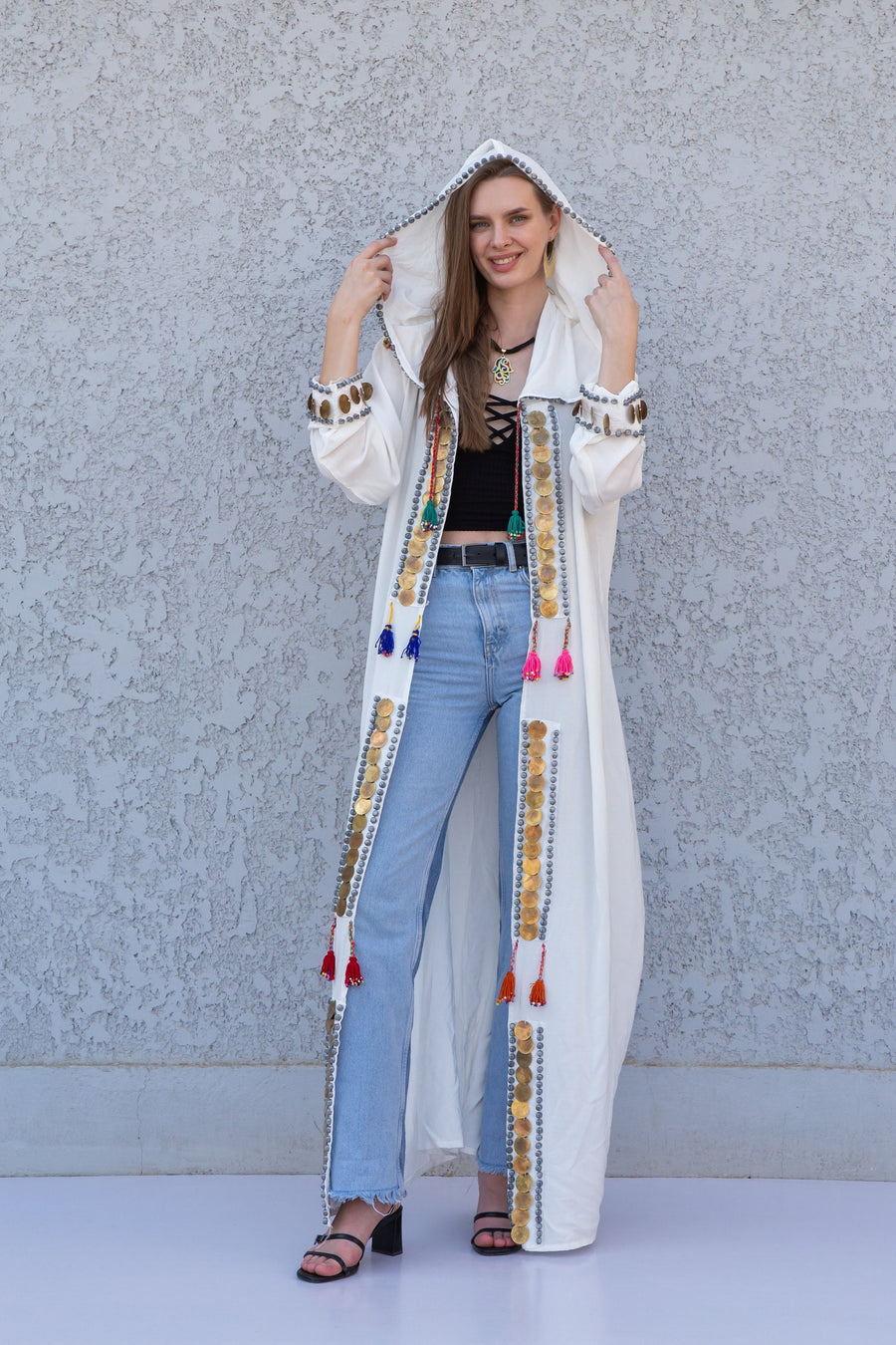 White accessorized cotton Kimono/coat, Cotton coat with hand stitched beads, coins, Boho summer coat, cardigans for women, Summer Kimono