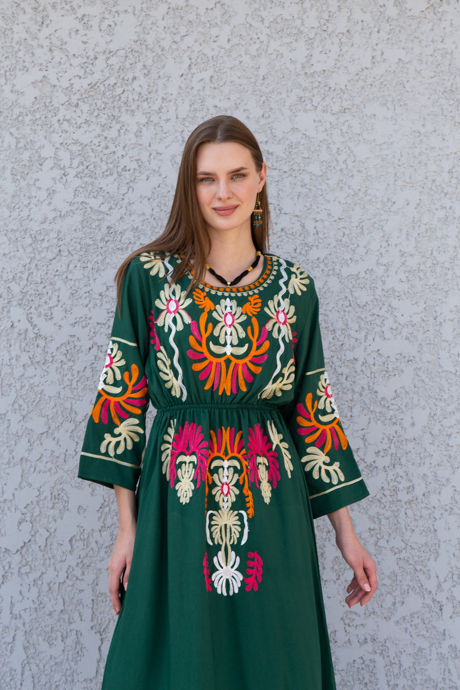 Green colorful embroidered cotton Caftan, caftan Kaftan maxi dress, embroidered Caftan dress, Caftan maxi dress, Caftans for women, Caftans