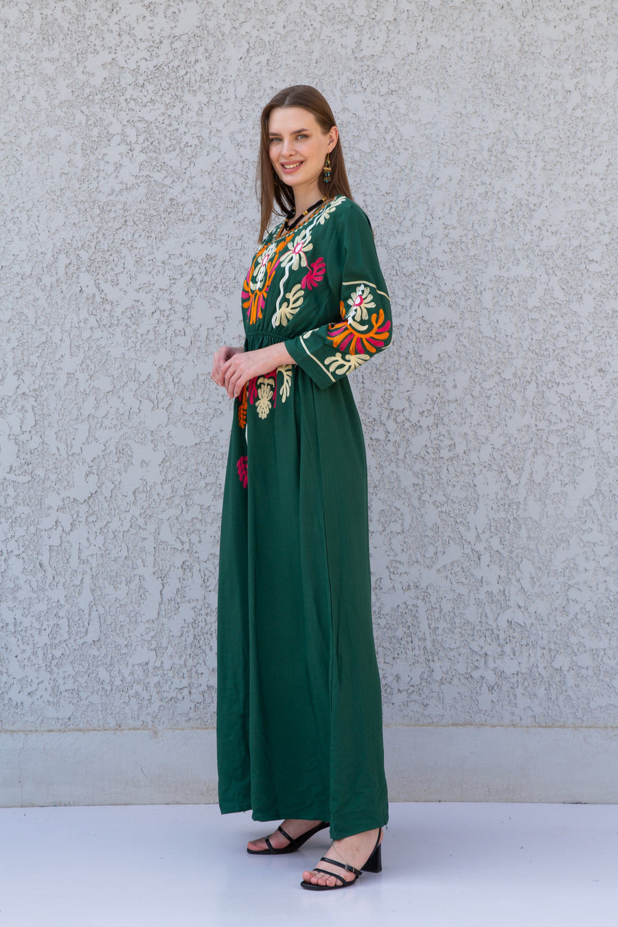 Green colorful embroidered cotton Caftan, caftan Kaftan maxi dress, embroidered Caftan dress, Caftan maxi dress, Caftans for women, Caftans