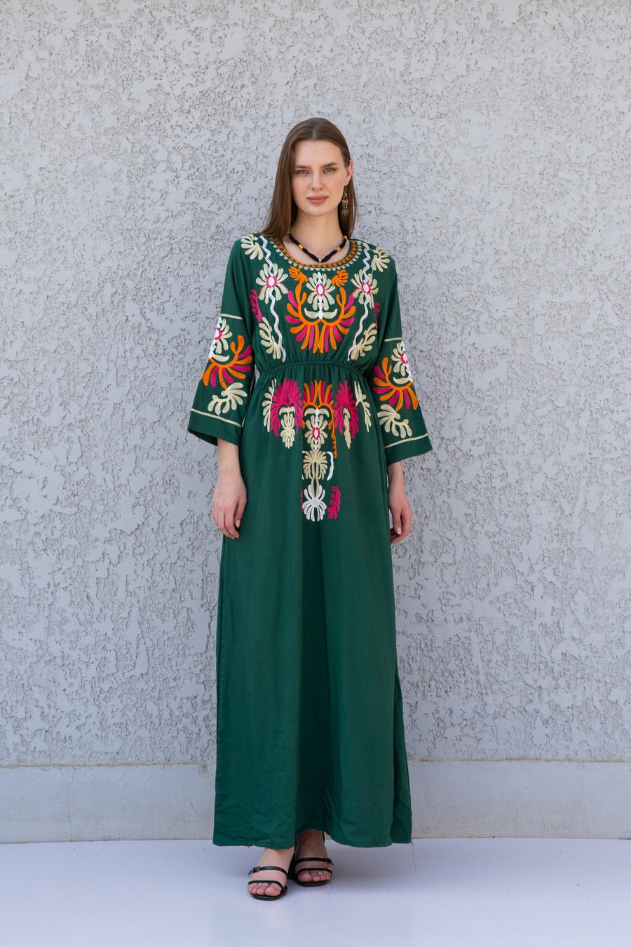 Green colorful embroidered cotton Caftan, caftan Kaftan maxi dress, embroidered Caftan dress, Caftan maxi dress, Caftans for women, Caftans