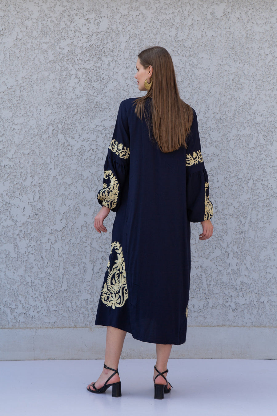 Ethnic embroidered navy blue cotton kaftan dress, tunic dress, caftans for women, Egyptian cotton. Summer caftan, party, casual, home dress