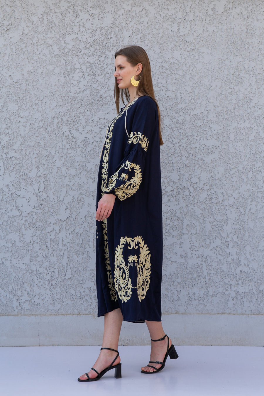 Ethnic embroidered navy blue cotton kaftan dress, tunic dress, caftans for women, Egyptian cotton. Summer caftan, party, casual, home dress