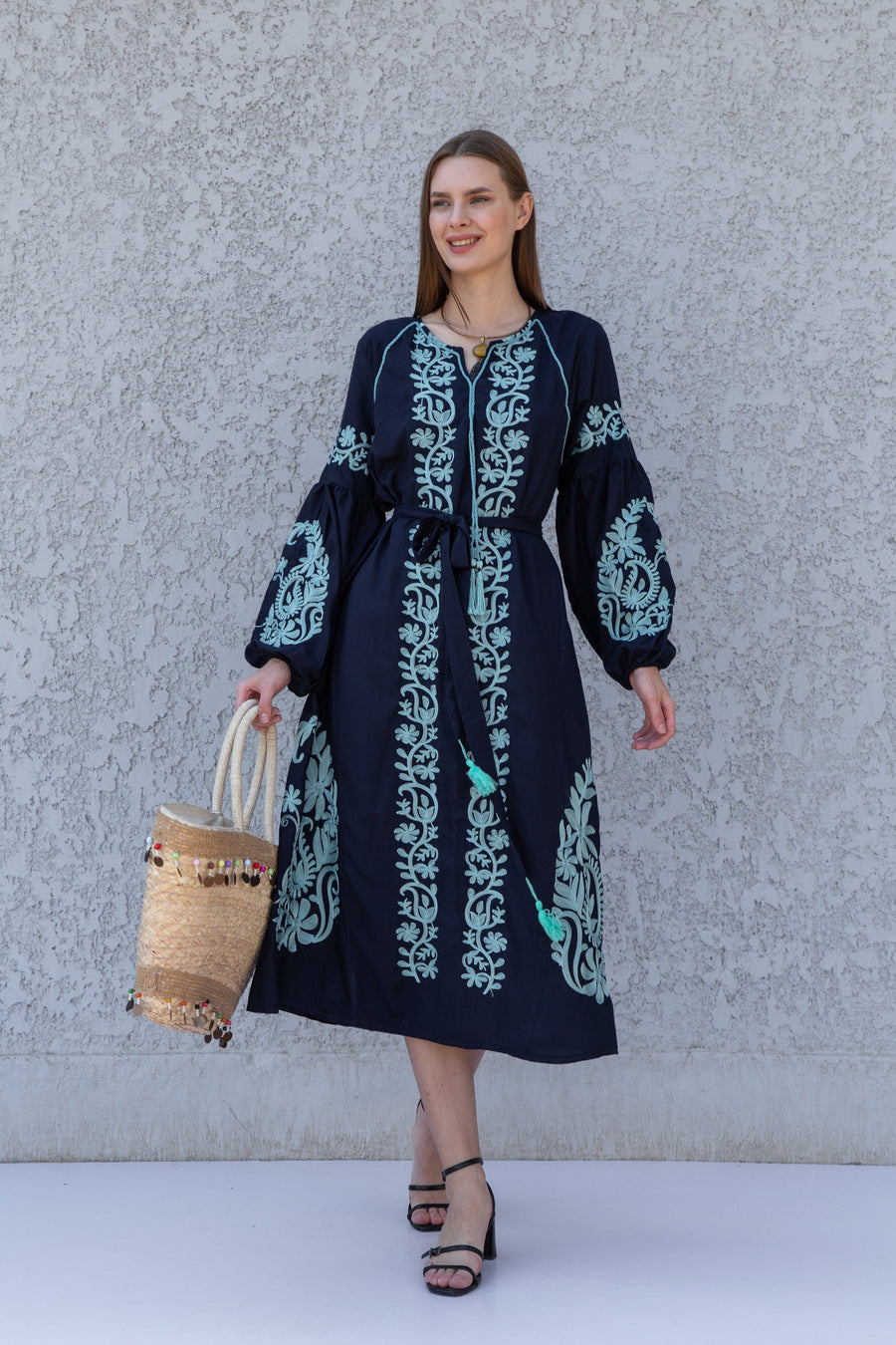 Beautiful embroidered navy blue cotton kaftan dress, tunic dress, caftans for women, Egyptian cotton. Summer caftan, party, casual dress