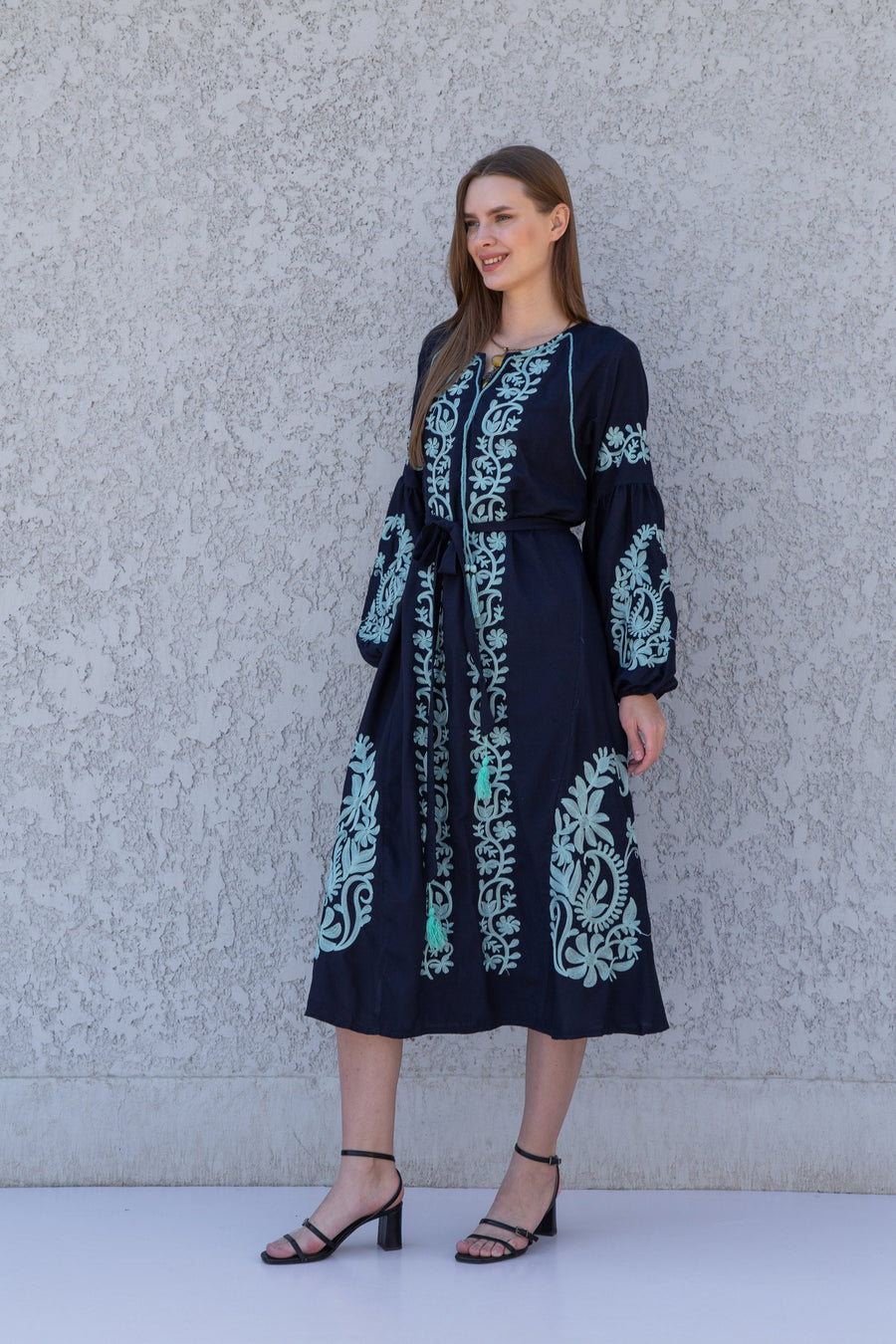 Beautiful embroidered navy blue cotton kaftan dress, tunic dress, caftans for women, Egyptian cotton. Summer caftan, party, casual dress