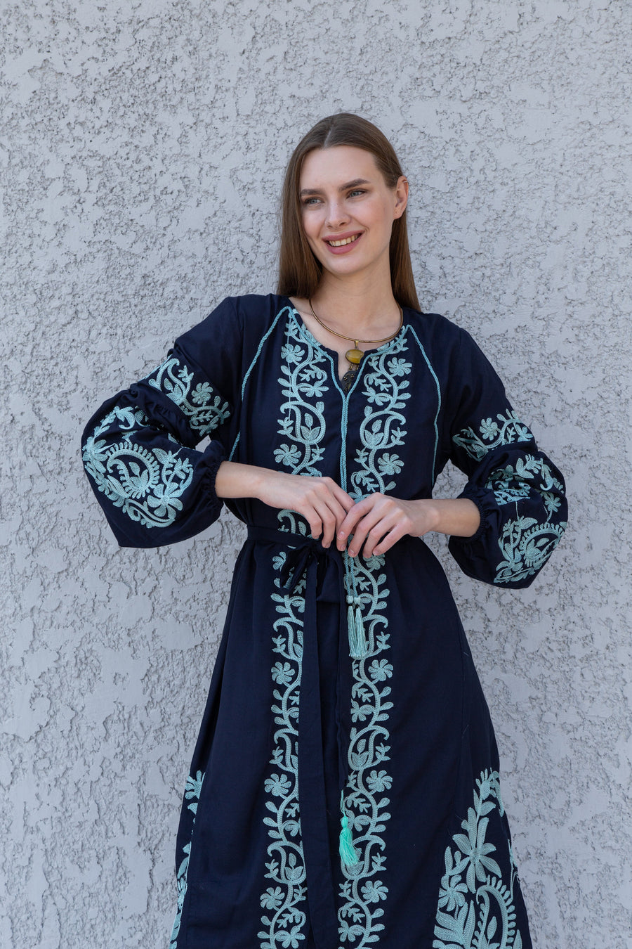 Beautiful embroidered navy blue cotton kaftan dress, tunic dress, caftans for women, Egyptian cotton. Summer caftan, party, casual dress