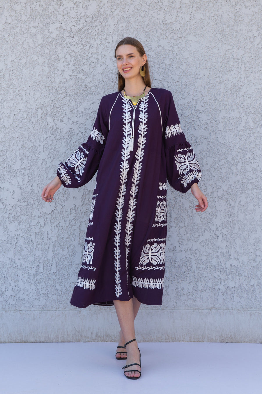 Chic Midi cotton caftan, Purple Summer kaftan dress, embroidered tunic dress, caftans for women, Egyptian cotton. Summer caftan, festival