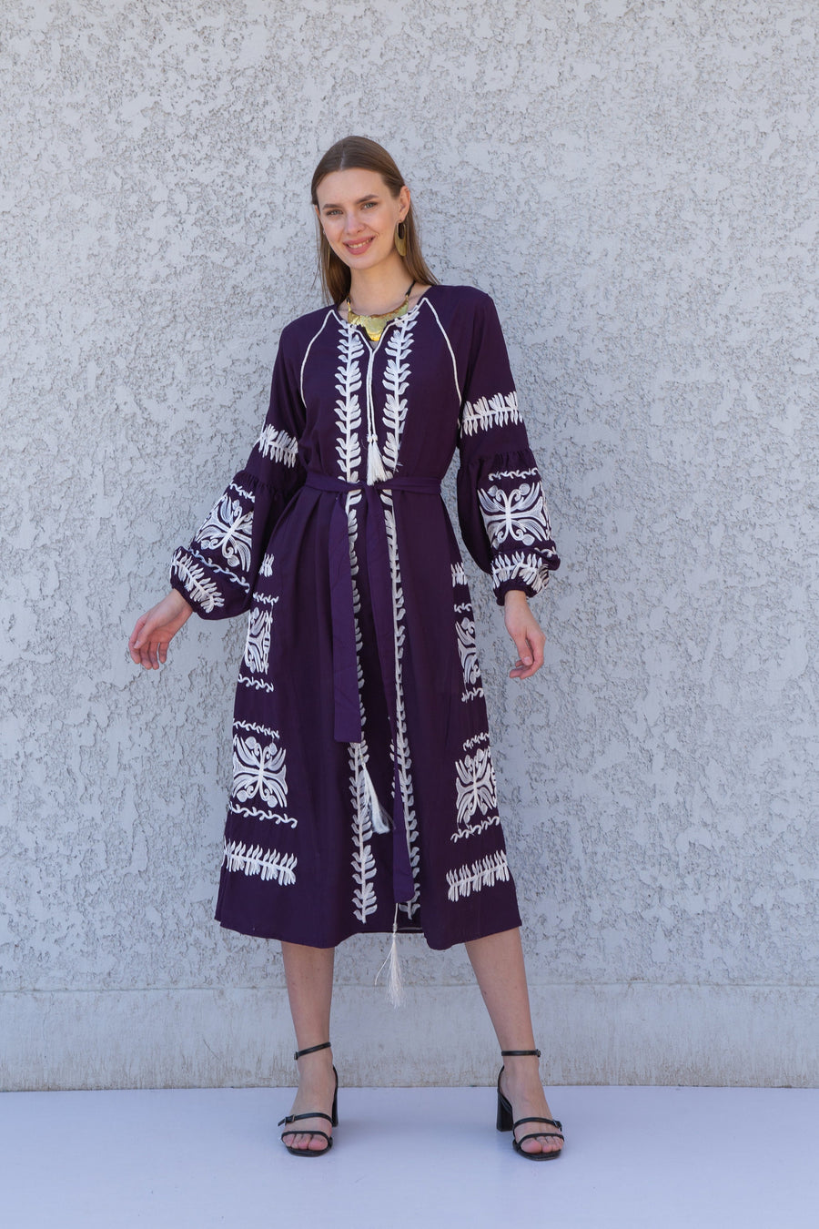 Chic Midi cotton caftan, Purple Summer kaftan dress, embroidered tunic dress, caftans for women, Egyptian cotton. Summer caftan, festival