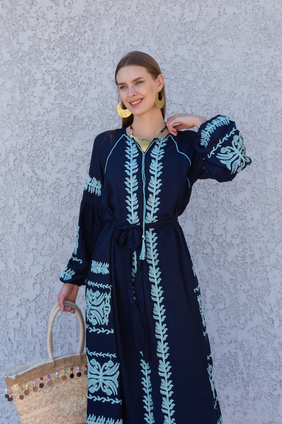 Chic Midi Navy blue cotton caftan, Summer kaftan dress, embroidered tunic dress, caftans for women, Egyptian cotton. Summer caftan, festival