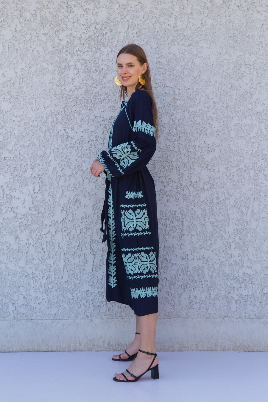 Chic Midi Navy blue cotton caftan, Summer kaftan dress, embroidered tunic dress, caftans for women, Egyptian cotton. Summer caftan, festival