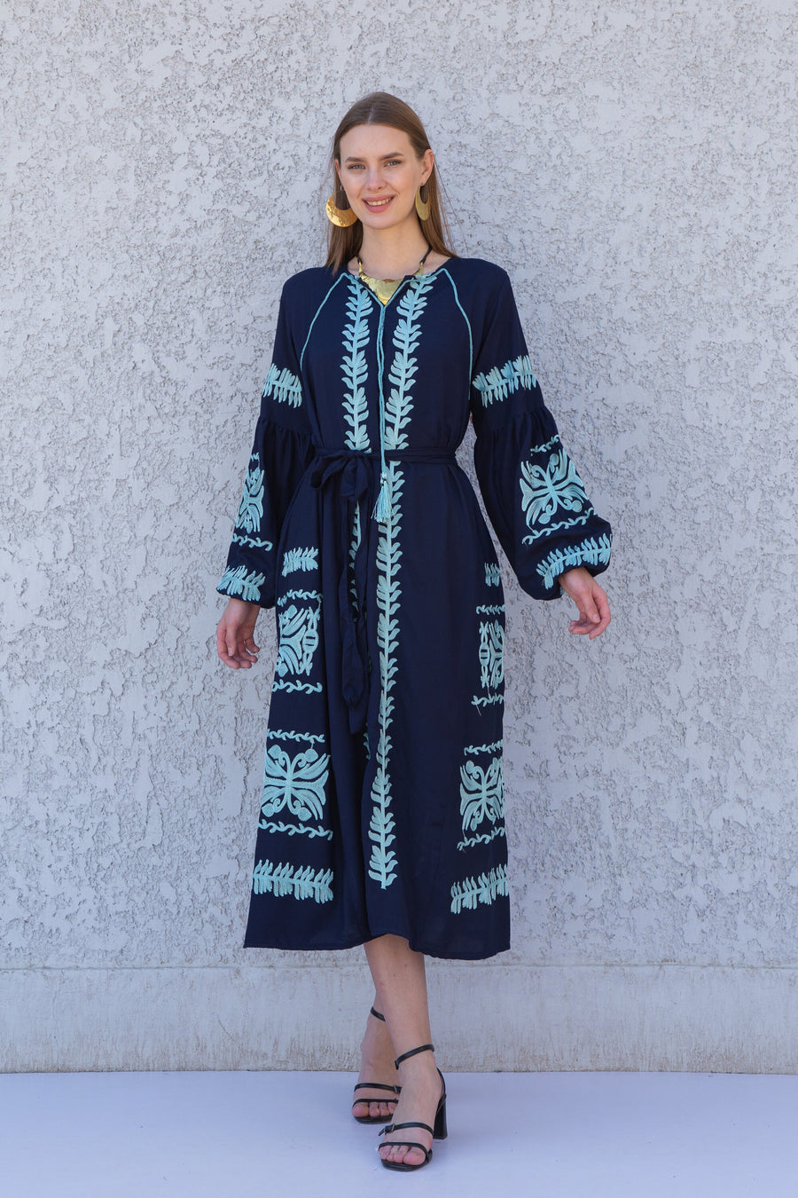 Chic Midi Navy blue cotton caftan, Summer kaftan dress, embroidered tunic dress, caftans for women, Egyptian cotton. Summer caftan, festival