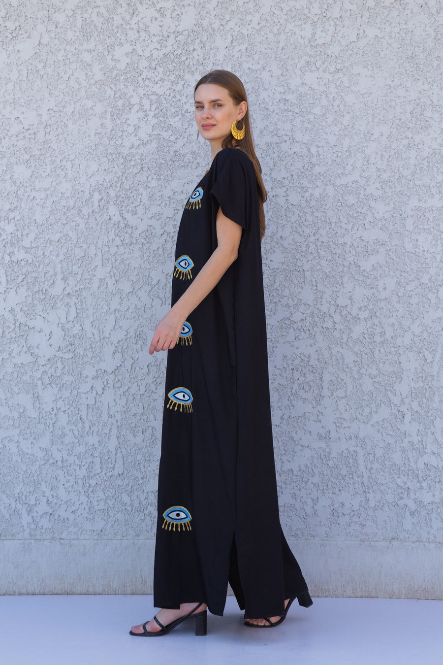 Black Evil eye cotton kaftan dress, Egyptian cotton caftan dress, caftans for women, Loose fit kaftan, Summer, casual, home dress