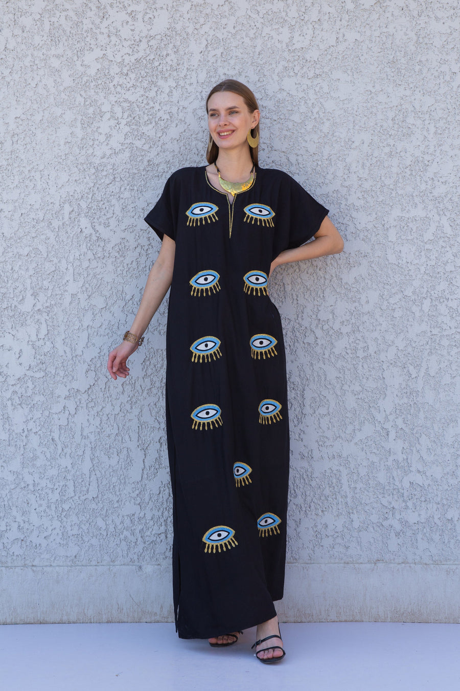 Black Evil eye cotton kaftan dress, Egyptian cotton caftan dress, caftans for women, Loose fit kaftan, Summer, casual, home dress