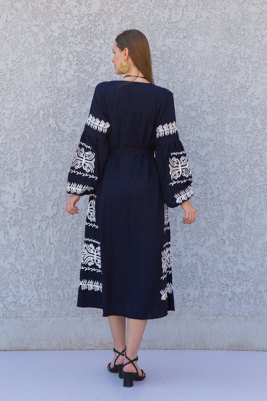 Chic Midi Navy blue cotton caftan, Summer kaftan dress, embroidered tunic dress, caftans for women, Egyptian cotton. Summer caftan, festival