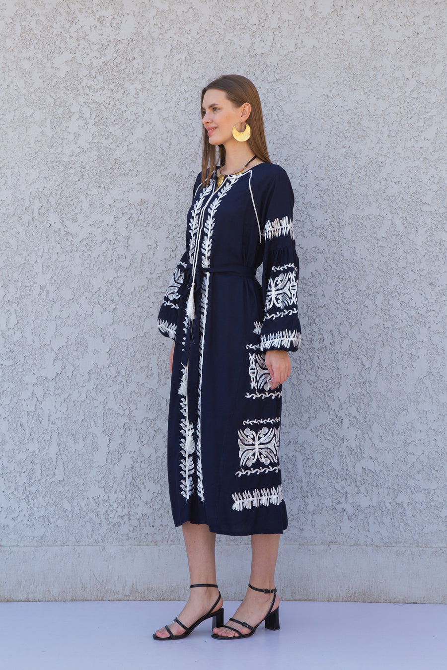 Chic Midi Navy blue cotton caftan, Summer kaftan dress, embroidered tunic dress, caftans for women, Egyptian cotton. Summer caftan, festival