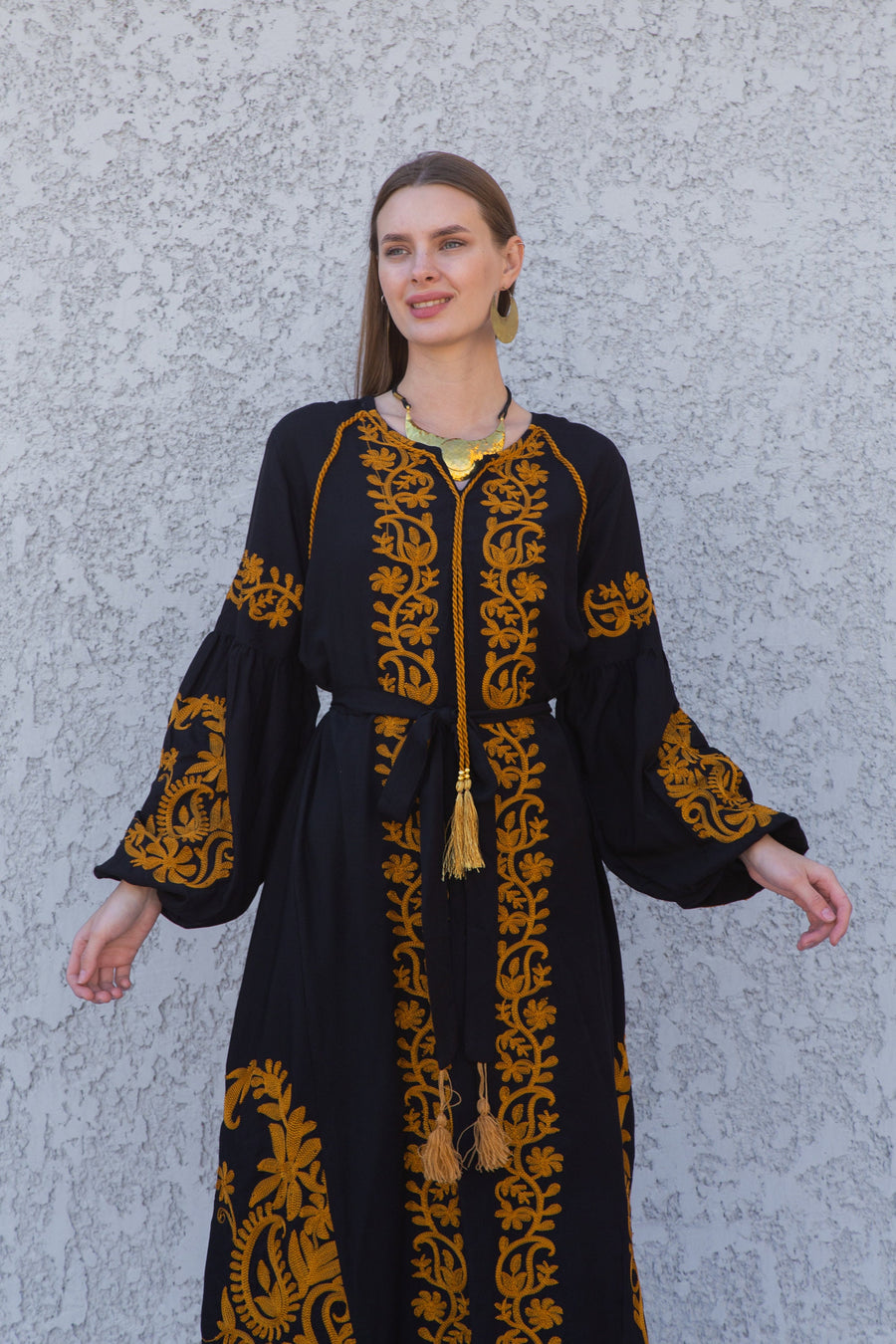 Black and Gold embroidered cotton tunic kaftan dress, embroidered tunic kaftan dress, caftans for women, cotton Summer caftan dress, party