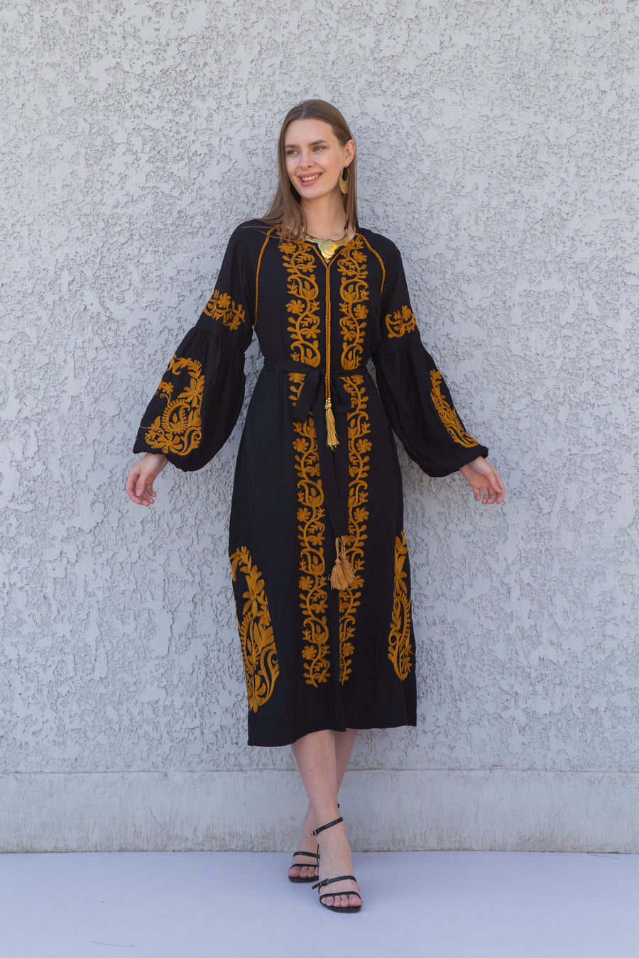 Black and Gold embroidered cotton tunic kaftan dress, embroidered tunic kaftan dress, caftans for women, cotton Summer caftan dress, party