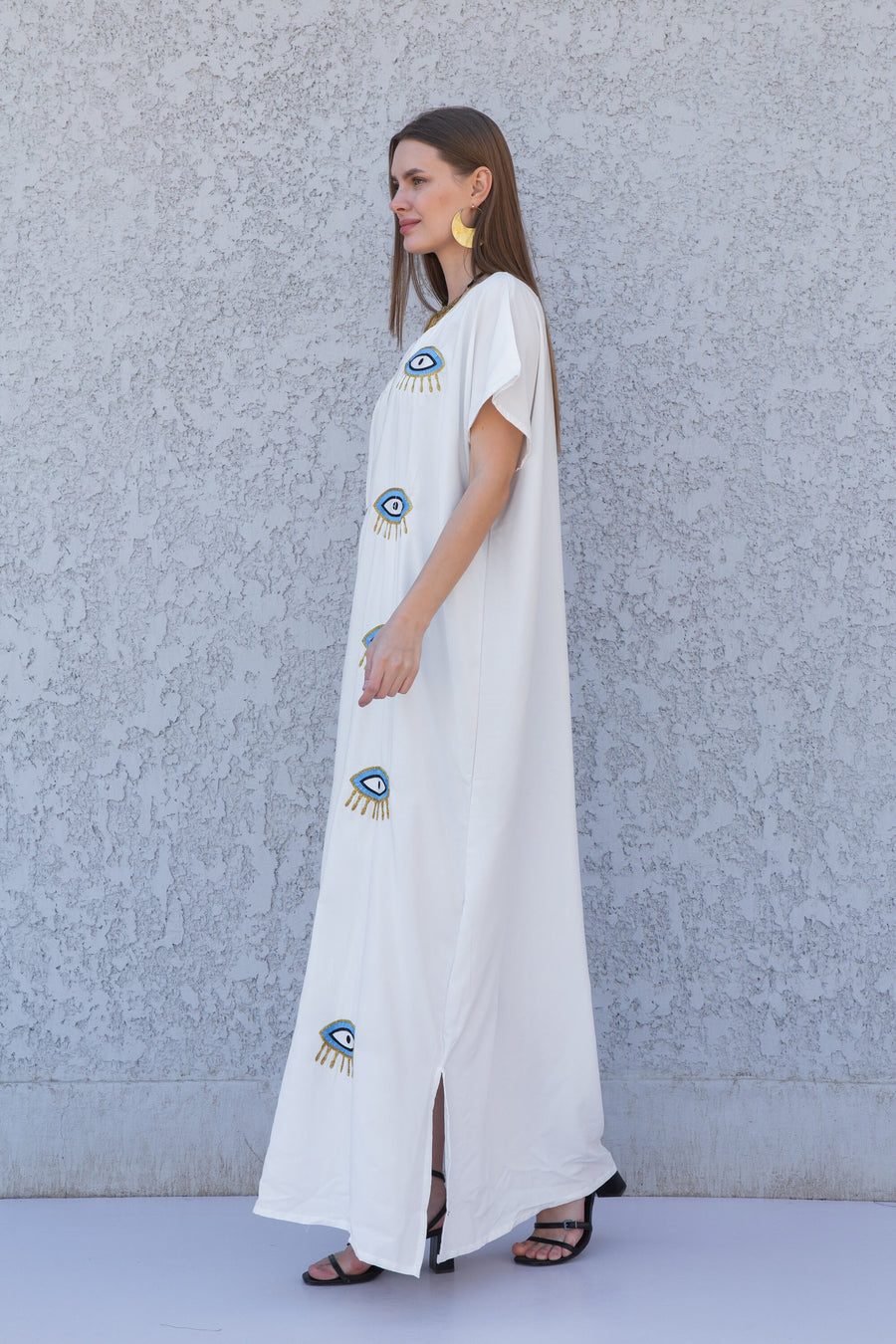 White Evil eye cotton kaftan dress, Egyptian cotton caftan dress, caftans for women, Loose fit kaftan, Summer, casual, home dress