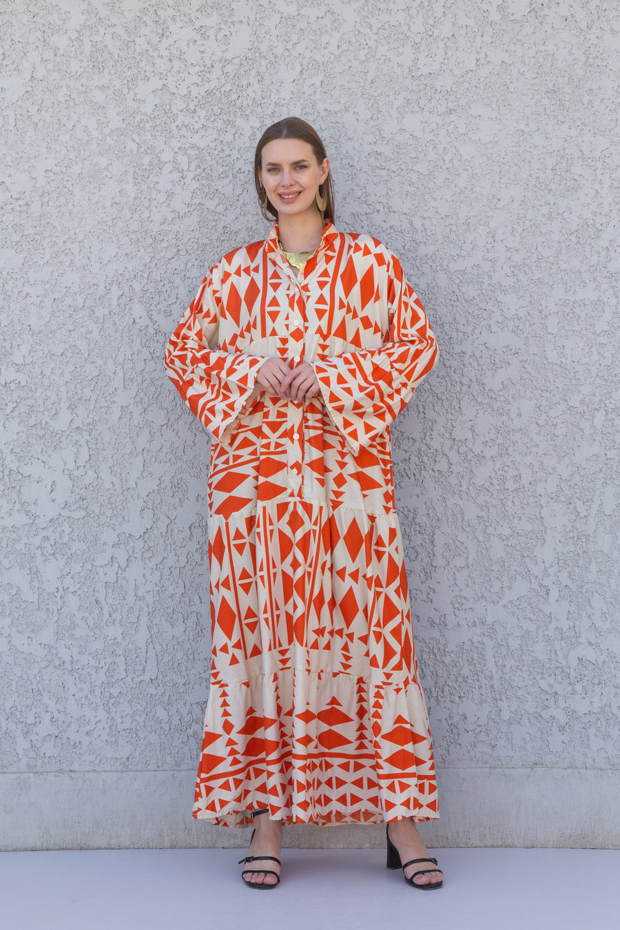 Boho Orange Flared sleeves print Summer Kaftan, Caftan, caftans for women, Boho Kaftan dress, Caftans for women, summer kaftans, women