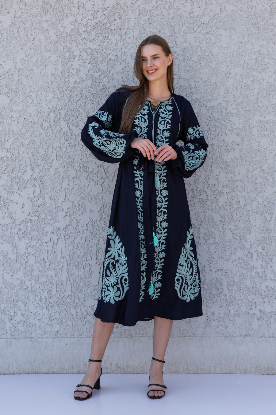 Beautiful embroidered navy blue cotton kaftan dress, tunic dress, caftans for women, Egyptian cotton. Summer caftan, party, casual dress