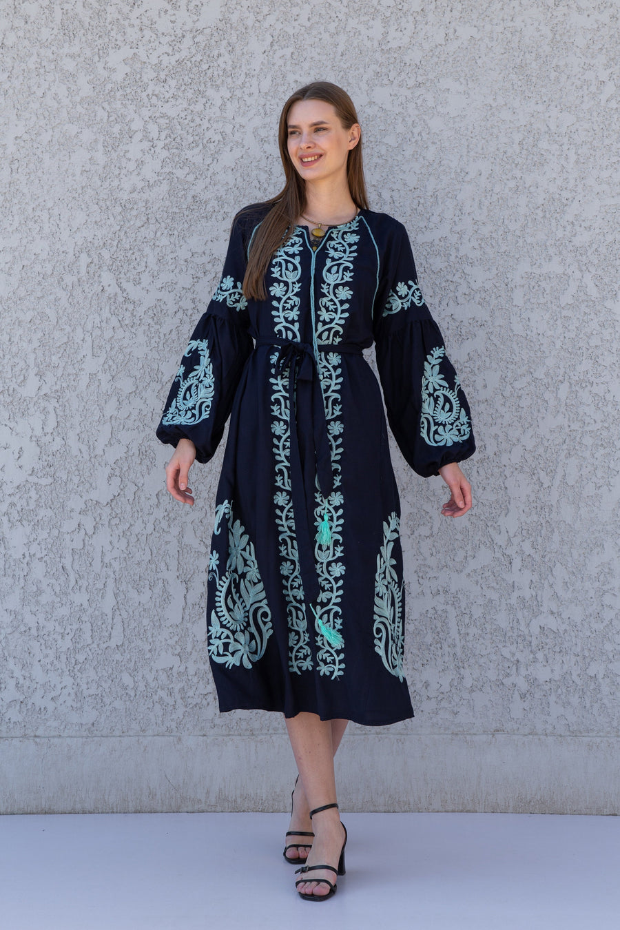 Beautiful embroidered navy blue cotton kaftan dress, tunic dress, caftans for women, Egyptian cotton. Summer caftan, party, casual dress