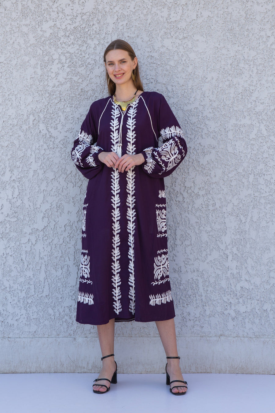 Chic Midi cotton caftan, Purple Summer kaftan dress, embroidered tunic dress, caftans for women, Egyptian cotton. Summer caftan, festival