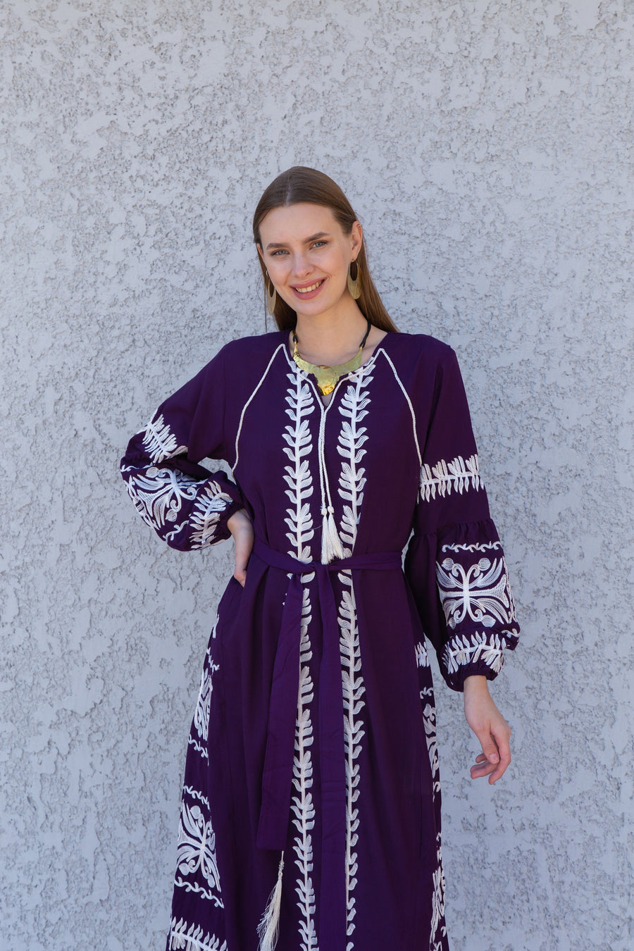 Chic Midi cotton caftan, Purple Summer kaftan dress, embroidered tunic dress, caftans for women, Egyptian cotton. Summer caftan, festival