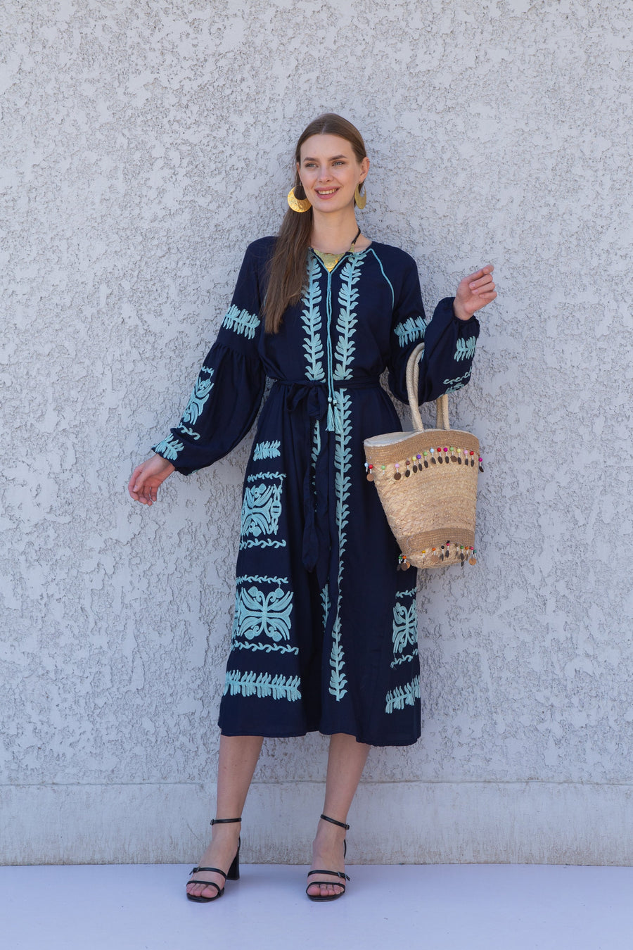 Chic Midi Navy blue cotton caftan, Summer kaftan dress, embroidered tunic dress, caftans for women, Egyptian cotton. Summer caftan, festival