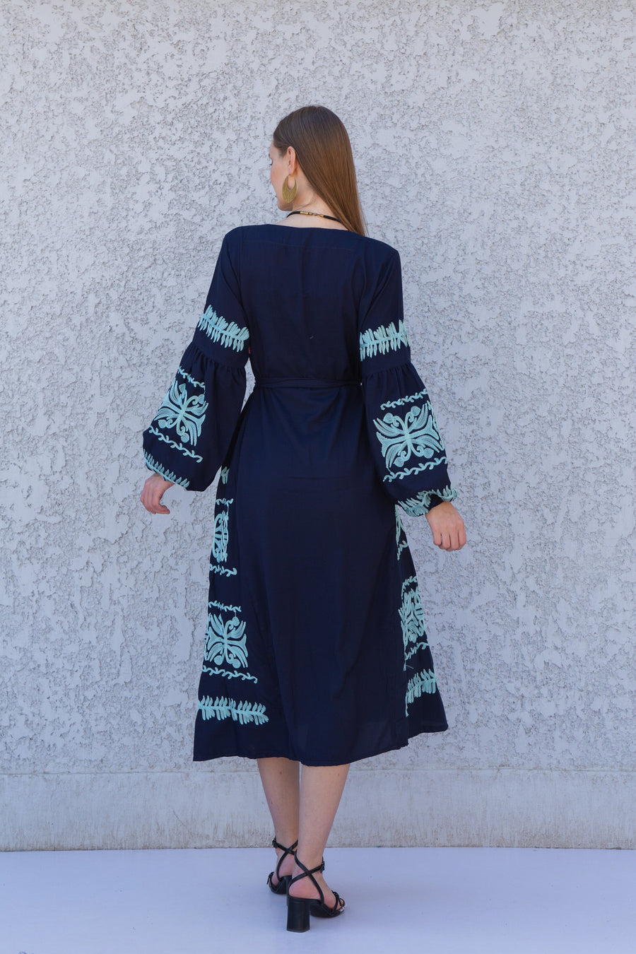 Chic Midi Navy blue cotton caftan, Summer kaftan dress, embroidered tunic dress, caftans for women, Egyptian cotton. Summer caftan, festival