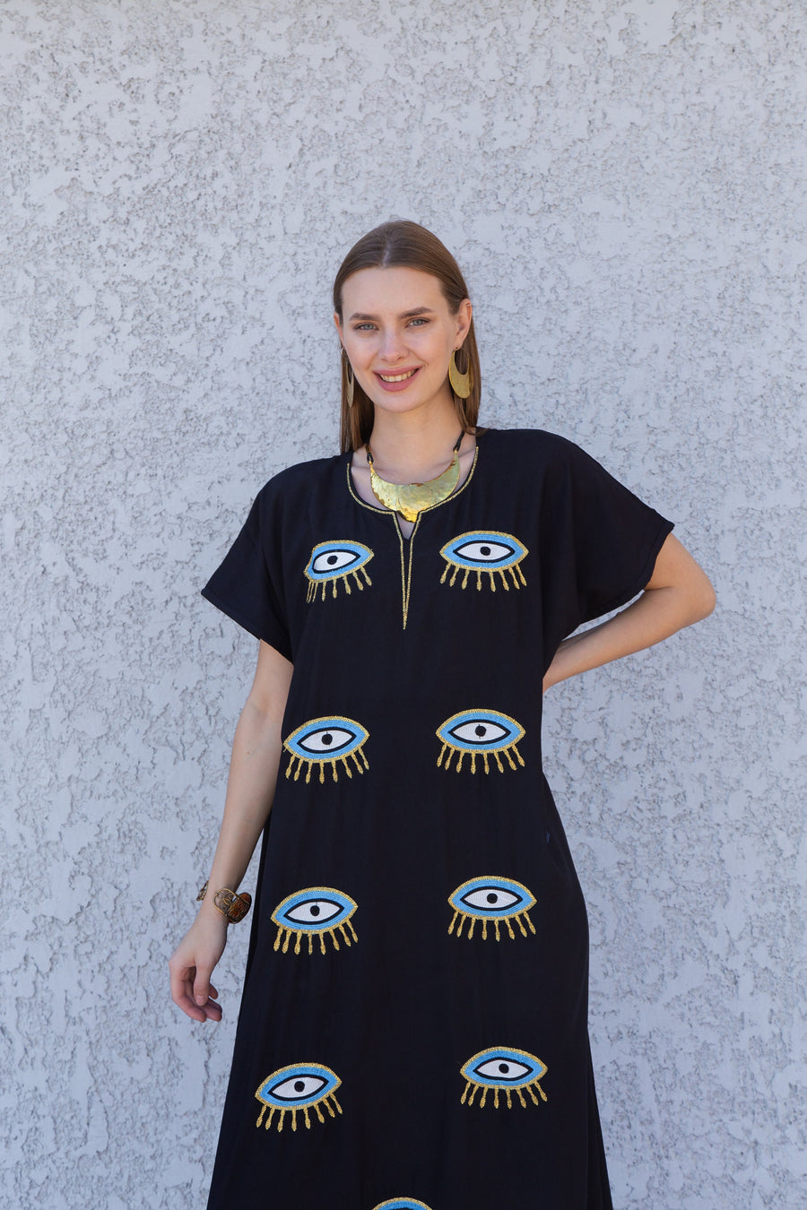 Black Evil eye cotton kaftan dress, Egyptian cotton caftan dress, caftans for women, Loose fit kaftan, Summer, casual, home dress