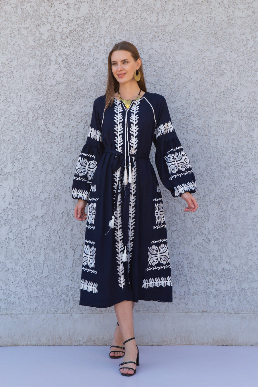 Chic Midi Navy blue cotton caftan, Summer kaftan dress, embroidered tunic dress, caftans for women, Egyptian cotton. Summer caftan, festival