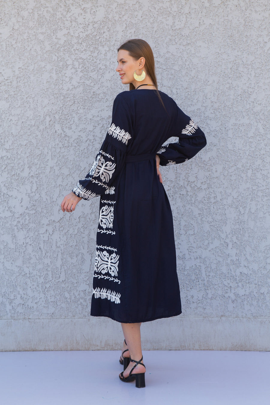 Chic Midi Navy blue cotton caftan, Summer kaftan dress, embroidered tunic dress, caftans for women, Egyptian cotton. Summer caftan, festival