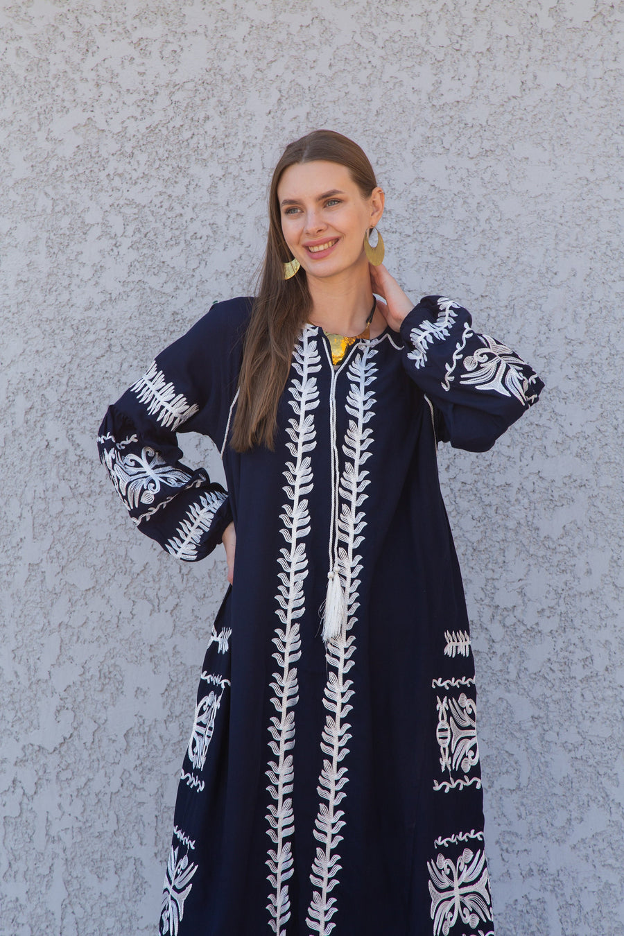 Chic Midi Navy blue cotton caftan, Summer kaftan dress, embroidered tunic dress, caftans for women, Egyptian cotton. Summer caftan, festival