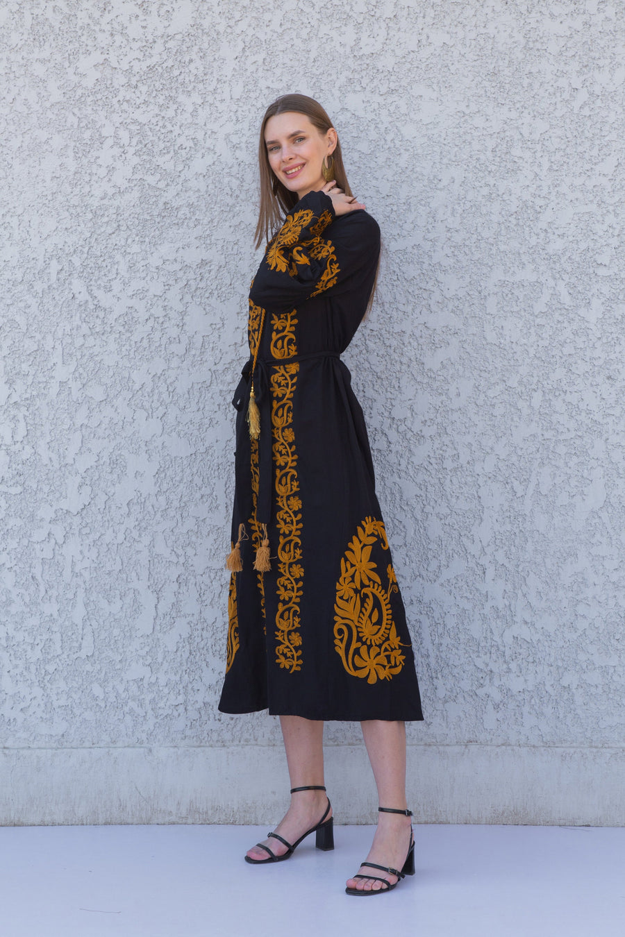 Black and Gold embroidered cotton tunic kaftan dress, embroidered tunic kaftan dress, caftans for women, cotton Summer caftan dress, party