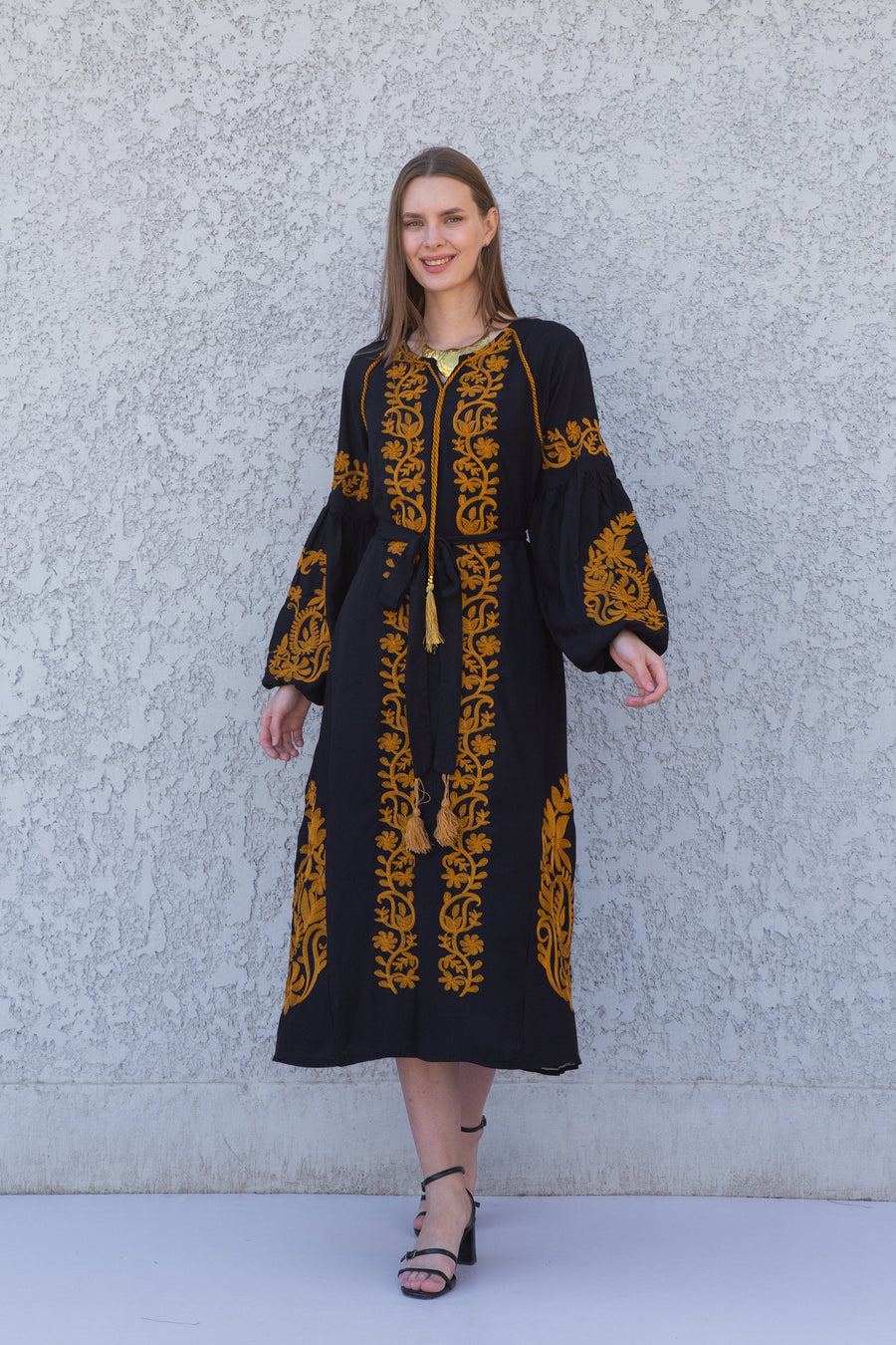 Black and Gold embroidered cotton tunic kaftan dress, embroidered tunic kaftan dress, caftans for women, cotton Summer caftan dress, party