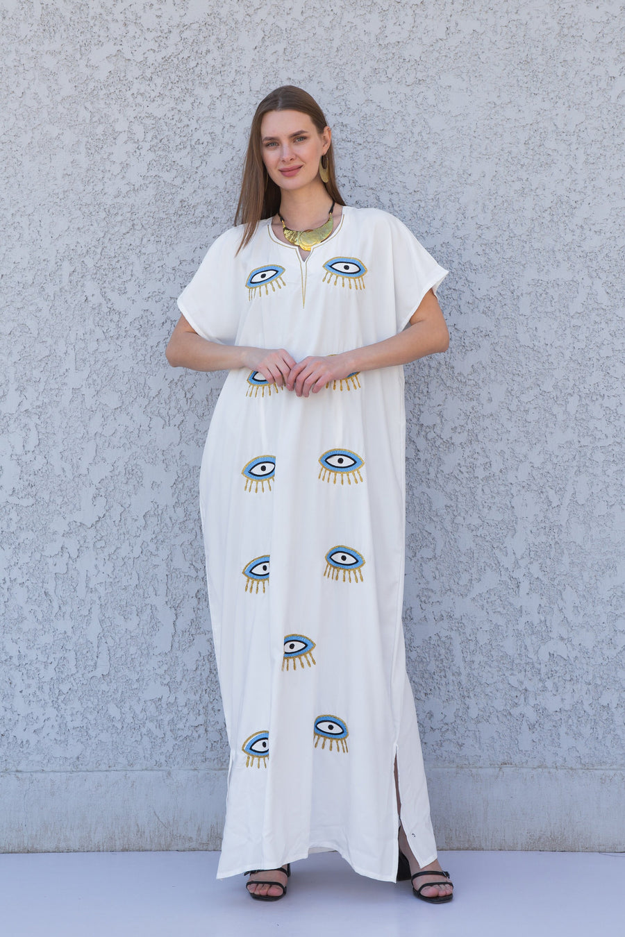 White Evil eye cotton kaftan dress, Egyptian cotton caftan dress, caftans for women, Loose fit kaftan, Summer, casual, home dress