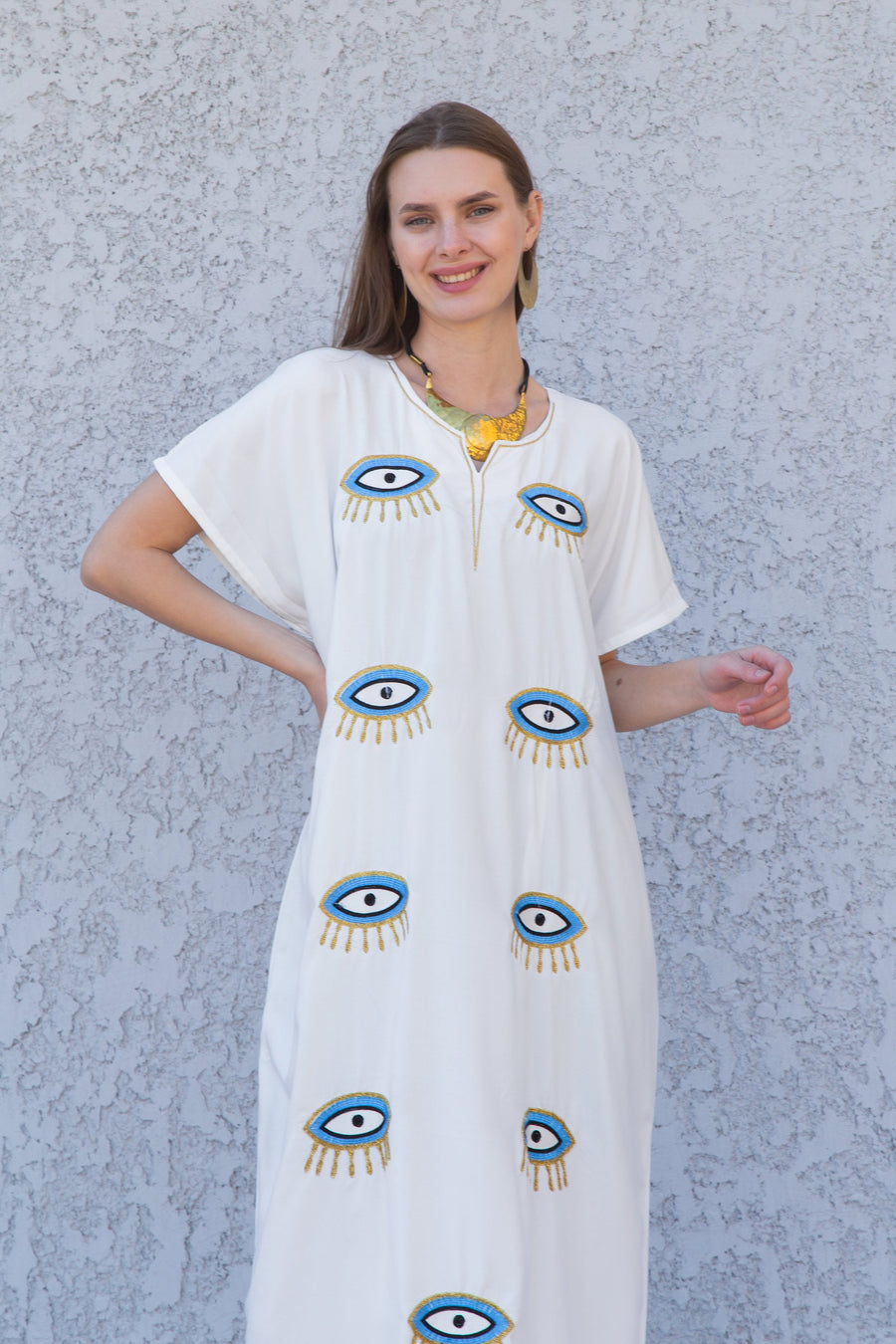 White Evil eye cotton kaftan dress, Egyptian cotton caftan dress, caftans for women, Loose fit kaftan, Summer, casual, home dress