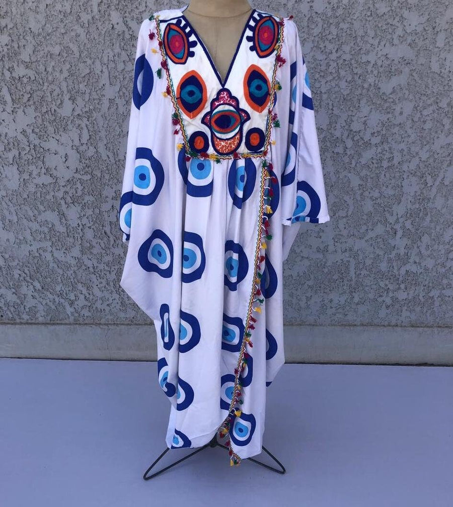 Stunning greek eye embroidered Kaftan dress, cotton caftans for women, Open slit Caftan for women, Loose fit caftan, Plus size kaftan