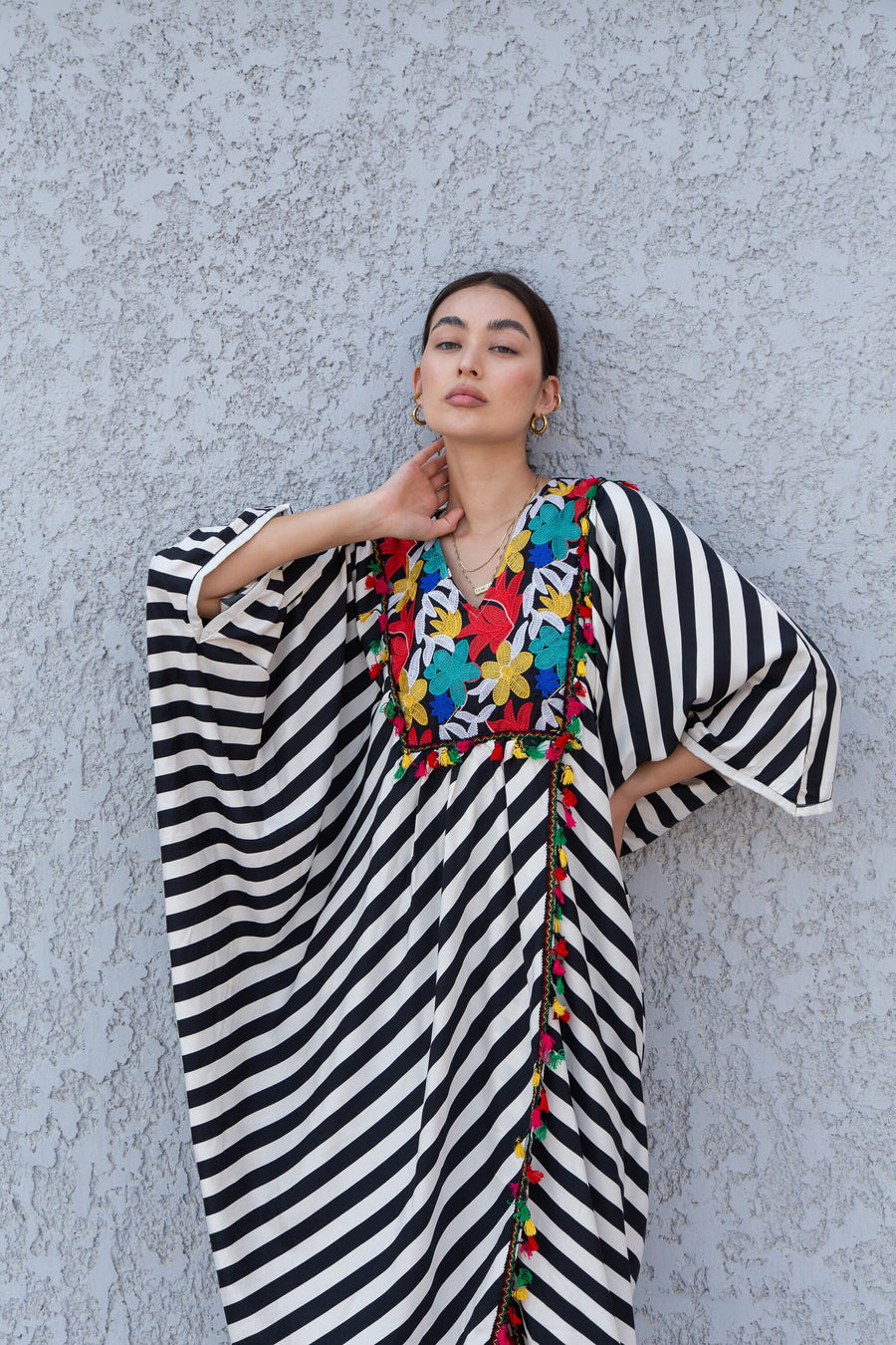 Classy striped boho embroidered Kaftan dress, Summer caftans for women, Open slit Caftan for women, Loose fit caftan, Plus size kaftan 10-23