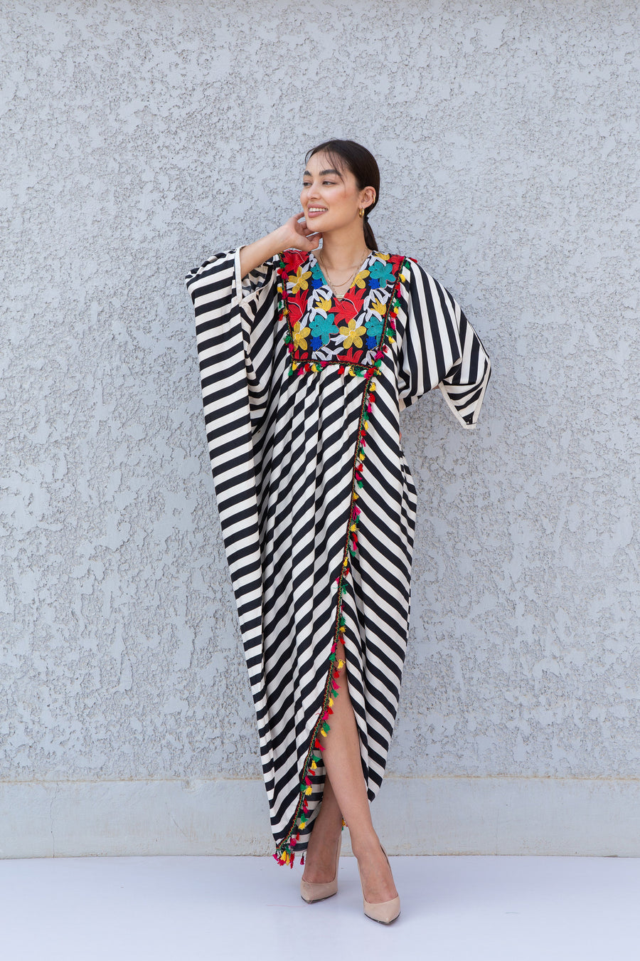 Classy striped boho embroidered Kaftan dress, Summer caftans for women, Open slit Caftan for women, Loose fit caftan, Plus size kaftan 10-23