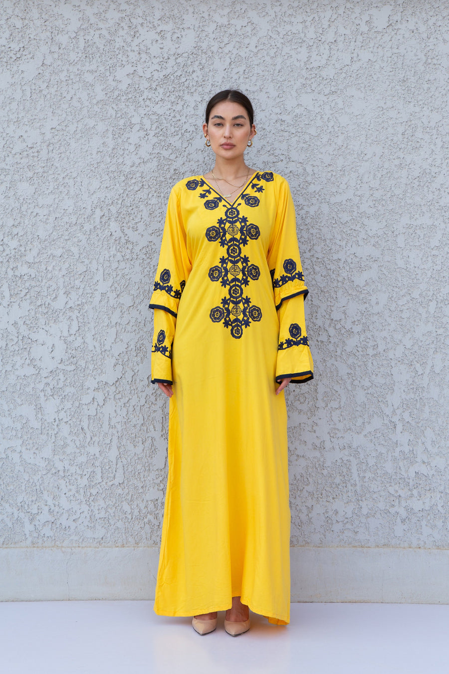 Yellow wedding embroidered Kaftan maxi dress, Kaftan maxi, Cotton caftan women, caftan, Chic embroidered caftan, Egyptian cotton 10-23